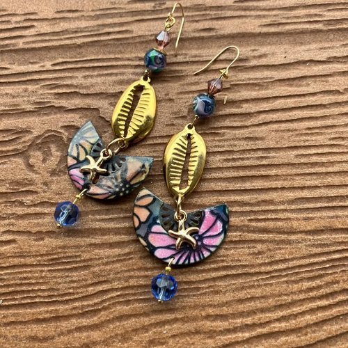 Longues boucles d oreilles bleu rose en cuivre émaillé d art, verre de murano et acier