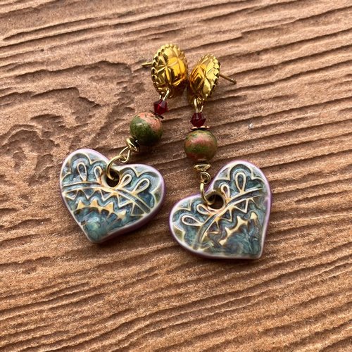 Boucles d oreille bohème chic en céramique émaillée, semi précieuse unakite et cristal swarovski