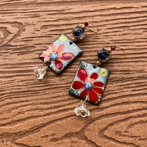 Boucles bohème chic printanières en cuivre émaillé d art, verre de murano pur argent et plaqué or