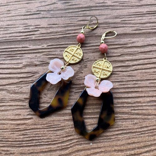 Longues boucles bohème chic printanières légères en résine acétate, plaqué or et laiton doré à l or fin 24 carats