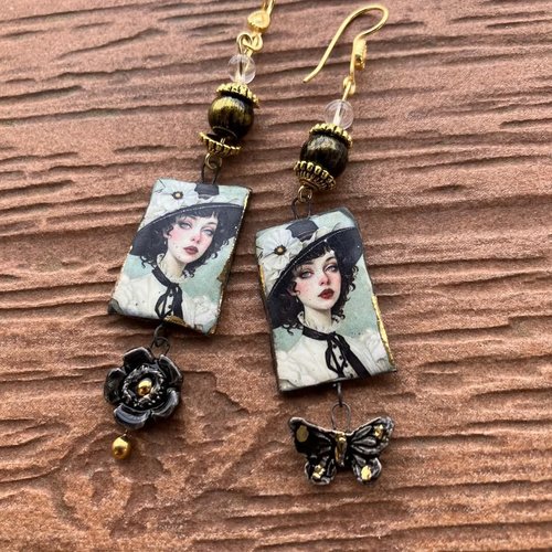 Boucles art deco en céramique d art et semi précieuse jade mashan noir et or