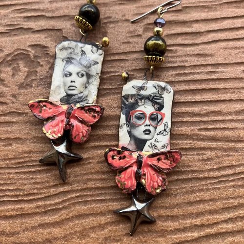 Boucles art deco originales en nobium, semi précieuse jade mashan, améthyste facette et céramique d art