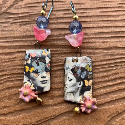 Boucles art deco papillons en nobium, céramique d’art et verre vintage