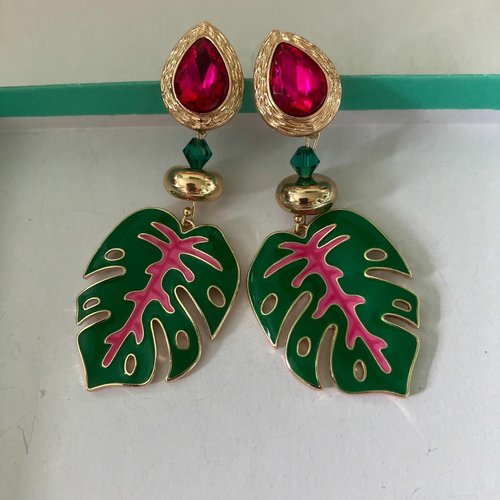 Boucles feuilles originales fantaisie vert et rose cathynature