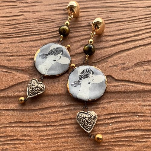 Boucles boheme chic art deco en porcelaine et céramique émaillée et jade mashan