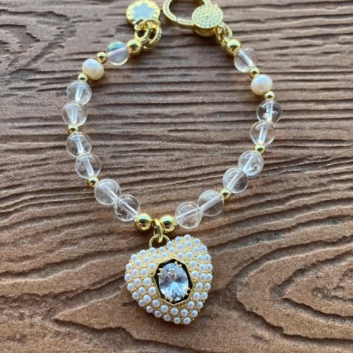 Bracelet chic en plaqué or 18 carats, zircons et perles naturelles cristal de roche et d eau douce