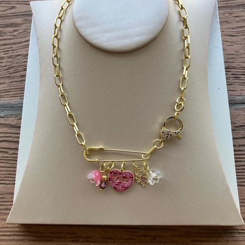 Collier moderne pampilles moderne or et rose en plaqué or 18 carats et zircons