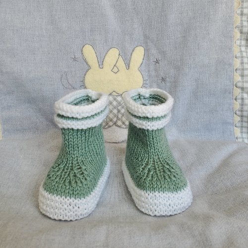 Chaussons bottes de pluie vert sirène en laine spéciale layette, tricot fait main, pour bébé de 0 à 3 mois