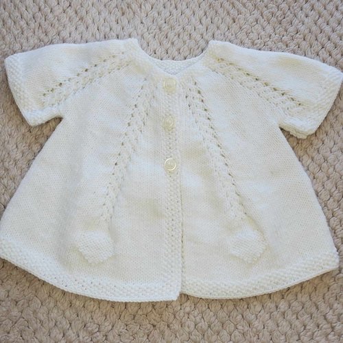 Gilet création en laine spéciale layette blanche, tricot fait main, manches courtes, bébé 0-3 mois