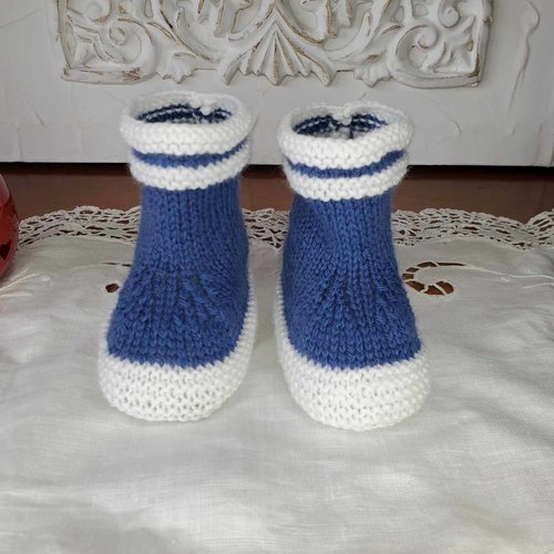 Chaussons bottes de pluie bleu aviateur en laine spéciale layette, tricot fait main, pour bébé de 3 à 6 mois