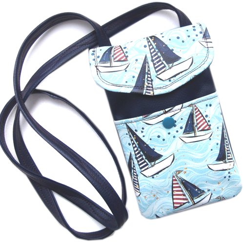 Pochette bandoulière pour smartphone en simili cuir bleu marine motif bateaux