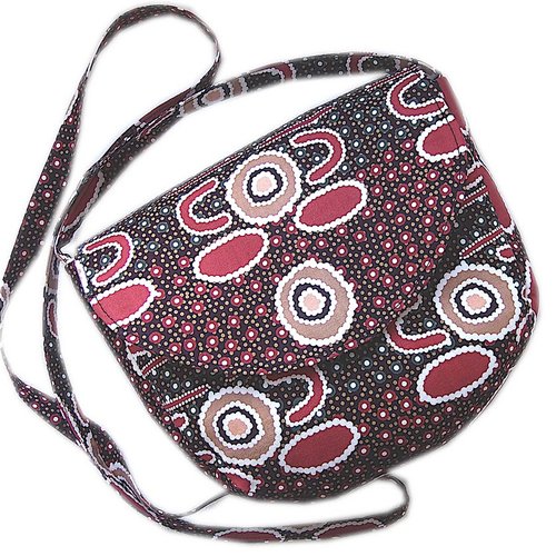 Petit sac bandoulière style ethnique en tissu australien aborigène noir bordeaux blanc