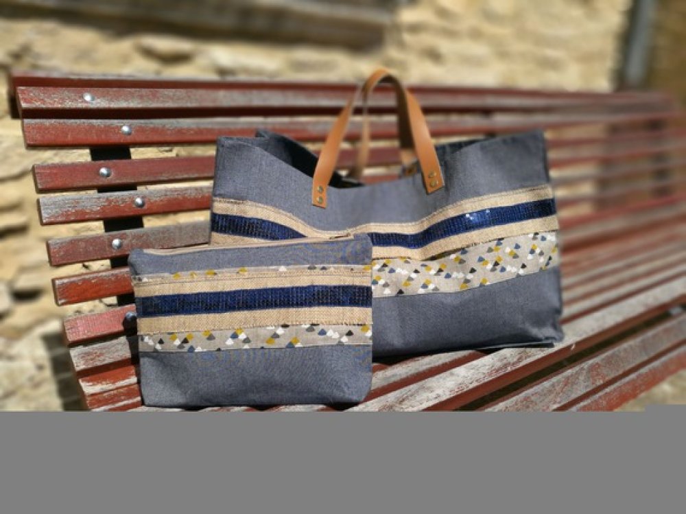Le sac cabas XXL, l'Original Corail/Jean bleu chiné - Les ateliers Lysac