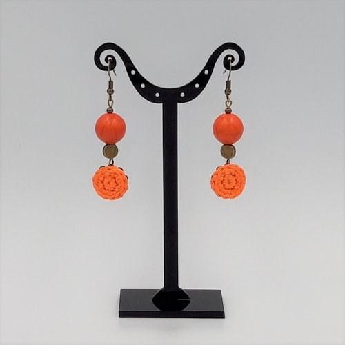 Boucles d'oreille orange, perles bronze et pierre