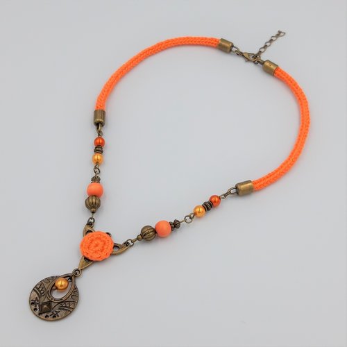 Vendu - collier ras de cou orange et bronze - ethnique