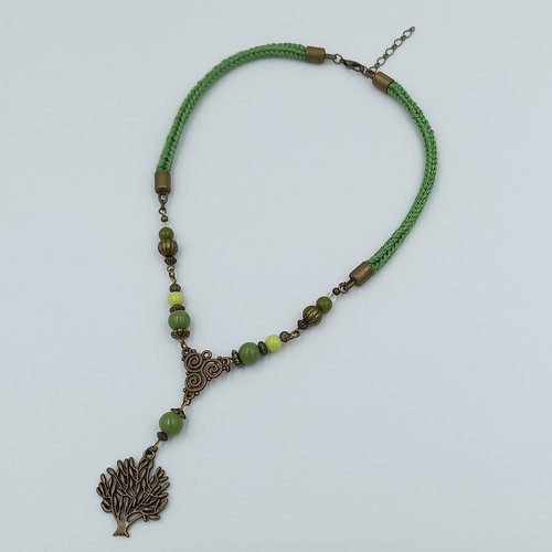 Vendu - collier ras de cou vert et bronze - arbre de vie