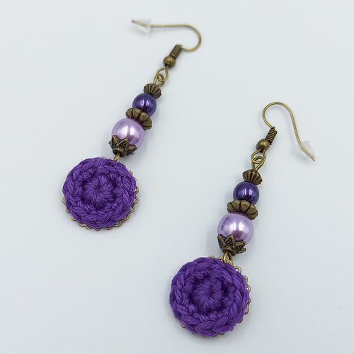 Vendues - boucles d'oreille pendantes violettes et bronze