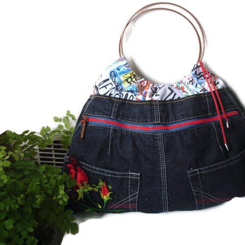 Sac main jean recyclé et coton/ sac jean / upcycling