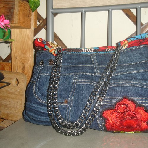 Sac jean recyclé et wax coloré/ upcycling / sac à main/sac porté épaulé/sac denim