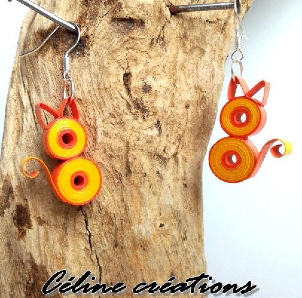 Boucles D Oreilles En Papier Quilling Chat Orange Et Jaune Un Grand Marche