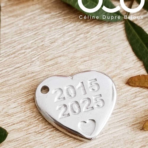 Porte clés noces d'étain 2015/2025 - médaille coeur 20x23mm en étain brut
