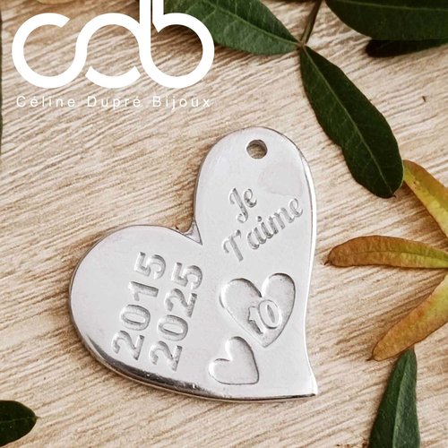 Porte clés noces d'étain 2015/2025 - médaille coeur 29x35mm en étain brut - je t'aime