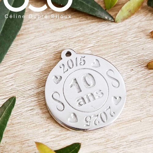 Porte clés noces d'étain 2015/2025 - médaille ronde ø30mm en étain brut - avec infini