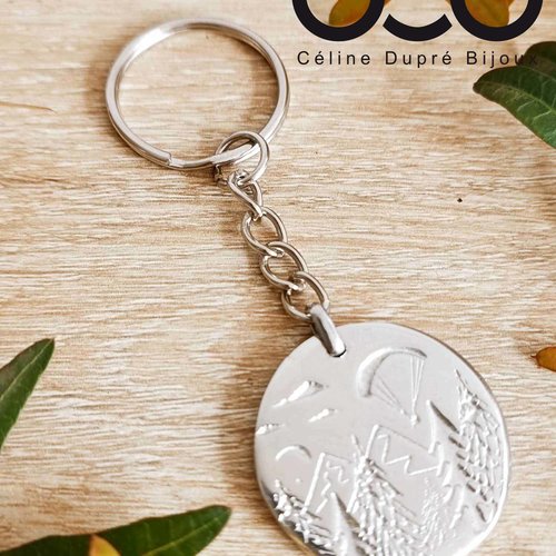 Porte clés parapente avec montagnes - médaille ronde ø30mm en étain brut - avec infini