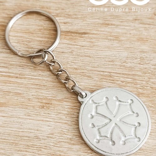 Porte clés croix occitane - etain brut - ø30mm