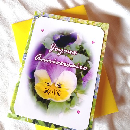 Carte Double Joyeux Anniversaire Fleurie Pensee Jaune Et Violet 10x15cm Avec Enveloppe Un Grand Marche