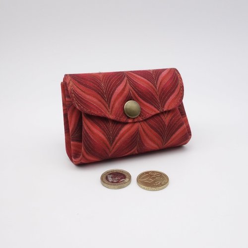 Porte monnaie kirigami en tissu rouge, corail et or, 3 poches en accordéon
