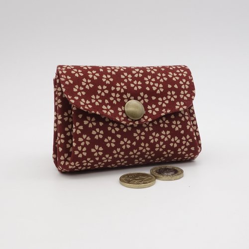 Porte-monnaie en tissu japonais rouge brique, imprimé sakura