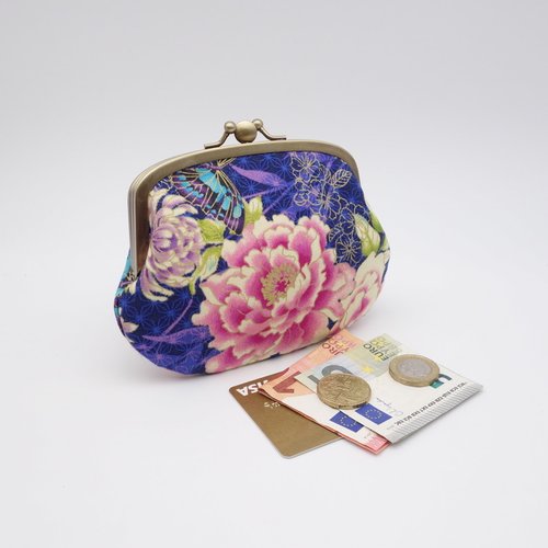 Porte-monnaie à fermoir double - tissu japonais, pivoines et papillons - bleu, rose et mauve avec une touche dorée