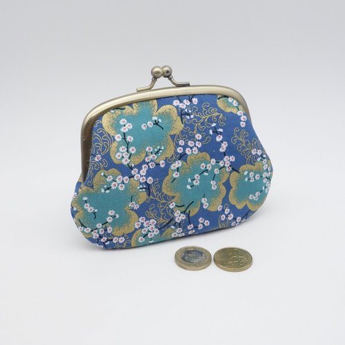 Porte-monnaie à 2 fermoirs, tissu japonais bleu et or