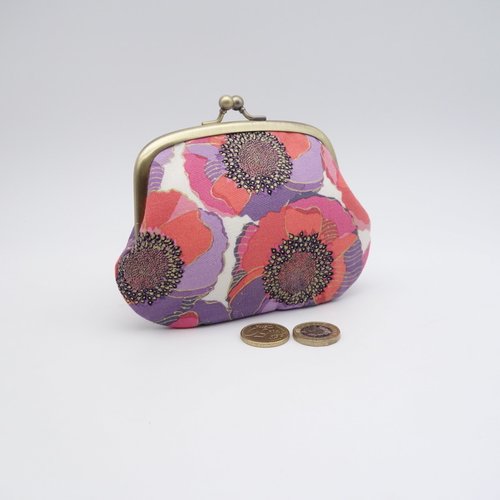 Porte-monnaie à fermoir double - tissu japonais corail et violet