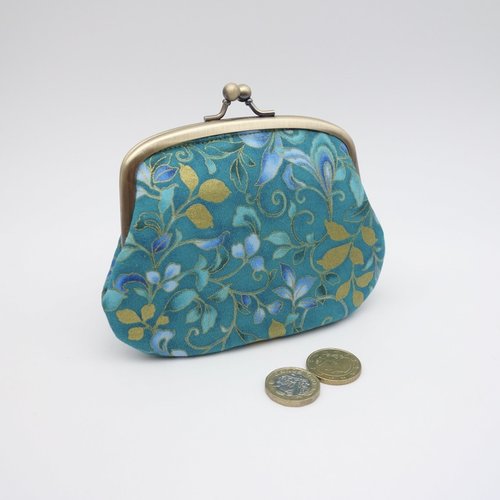 Porte-monnaie à 2 fermoirs - feuillages bleus et or sur fond turquoise - 3 compartiments et 1 poche pour cartes