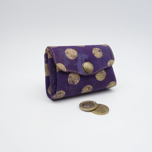 Porte-monnaie à 3 compartiments en tissu renforcé, pois dorés sur fond violet