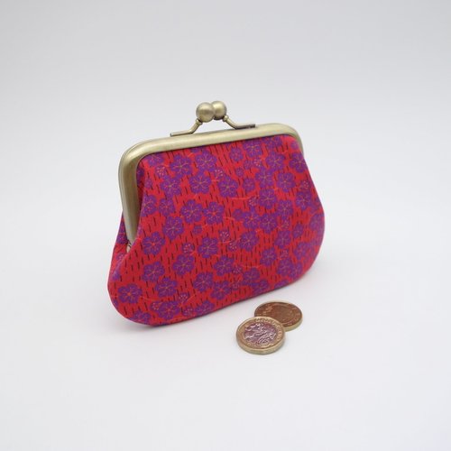 Porte-monnaie à fermoir en métal avec séparation centrale, tissu rouge et violet, 2 compartiments pour cartes et monnaie