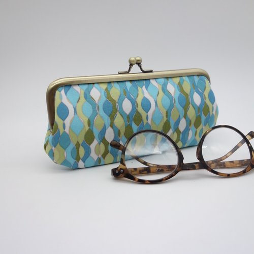 Étui à lunettes, grand fermoir en métal, tissu vert et bleu, pochette de rangement