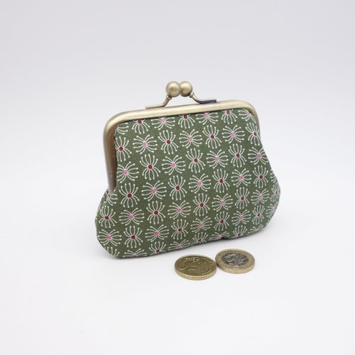 Porte-monnaie à fermoir retro kaki et rose tendre, 2 poches et séparation centrale, cartes bancaires