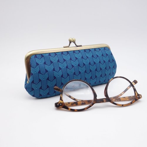 Étui à lunettes bleu, trousse pour crayons ou petits objets, motif moderne turquoise sur fond bleu marine