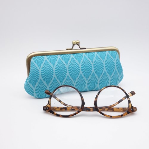 Étui à lunettes bleu lagon, tissu à motif moderne en forme de feuille