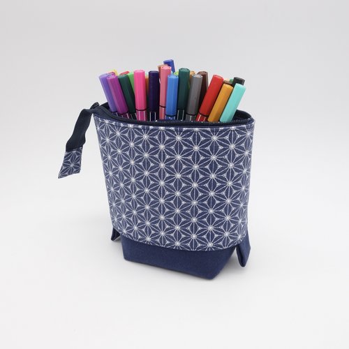 Grande trousse à crayons telescopique, pot à crayons pop up, tissu japonais bleu marine