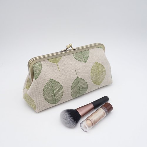 Trousse à maquillage en toile beige et feuilles vertes, pochette de rangement à fermoir en métal retro
