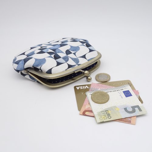 Porte-monnaie à 2 fermoirs gigogne, popeline de coton renforcée,  motif abstrait bleu et blanc