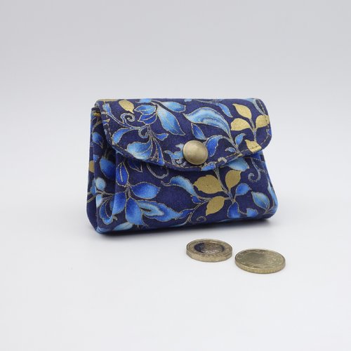 Porte-monnaie à 3 poches en accordéon, tissu bleu et or, pochette pour cartes et monnaie