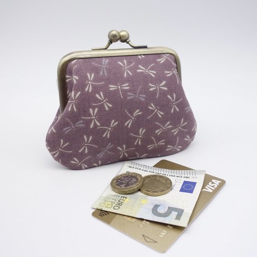 Porte-monnaie à fermoir, tissu japonais, libellules sur fond mauve, 2 sections de couleurs différentes pour cartes et esp�