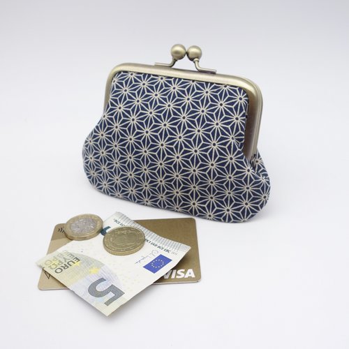 Porte-monnaie à fermoir en tissu japonais asanoha bleu nuit et beige, 2 sections pour cartes et monnaie