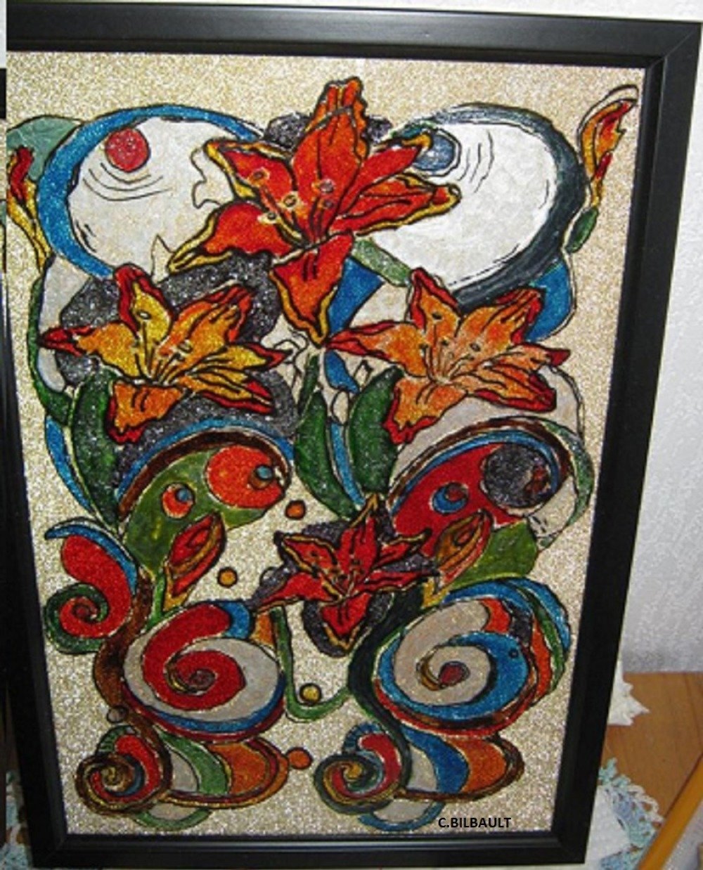 Tableau vitrail fleurs de lys art deco