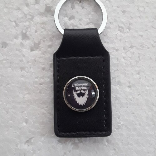 Porte clés, cuir , noir, rectangulaire ,  anneau, homme , barbu, blanc , bouton pression, verre